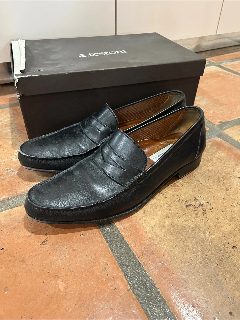 a. testoni Men's Black Leather Penny Loafers